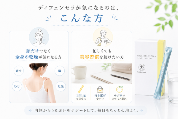 オルビス ディフェンセラが気になる方へ、全身の乾燥対策と忙しい毎日に取り入れやすい美容習慣を紹介するミニマルなイメージ